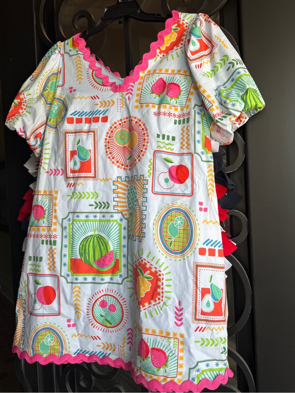 Easel Tropical ' White Fruit-Print Short Sleeve Dress with Pink Trim